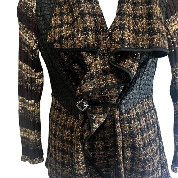 Aris A USA Black Brown Mixed Media Tweed Knit Faux leather Womens Cardigan Sz M - Picture 6 of 12